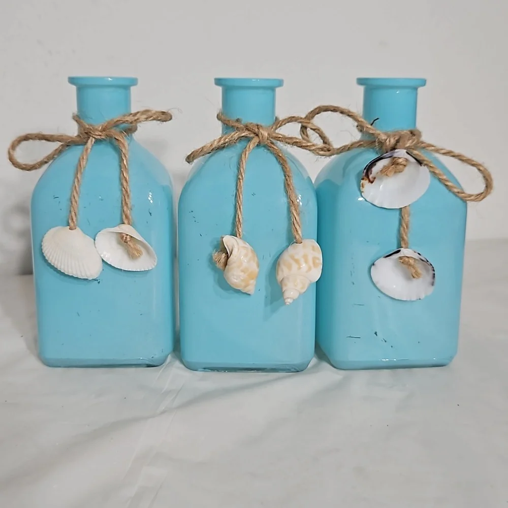 Hand Painted Light Blue Natural Twine Assorted Sea Shells Glass Jars - Picture 6 of 6